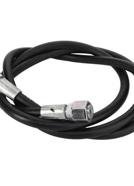 The AGCO | Hose - Acw1806820 is a coiled black hydraulic hose with metal fittings on both ends, specifically designed for fluid transfer in hydraulic systems. Product description information is currently unavailable.