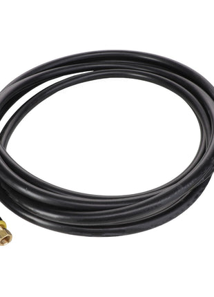 An AGCO | HOSE - AG133500, a coiled black hose with brass fittings on both ends, set against a pristine white background.