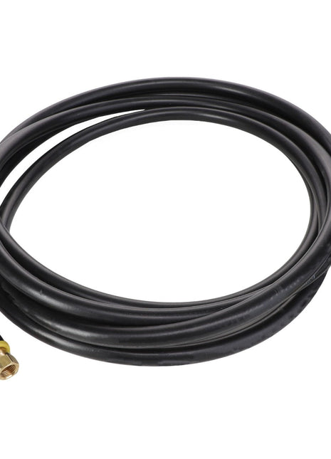 An AGCO | HOSE - AG133500, a coiled black hose with brass fittings on both ends, set against a pristine white background.