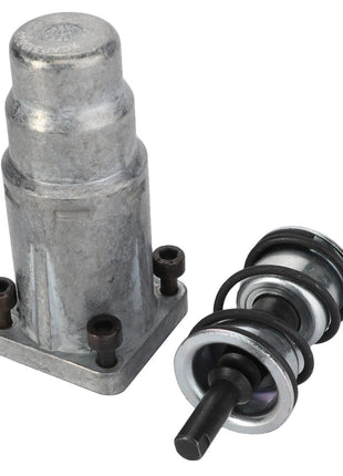 Introducing the AGCO CONTROL VALVE - AL550001, a metal hydraulic clutch slave cylinder assembly. It features a robust main body equipped with mounting bolts and a separate piston rod complete with seals. Please note: Additional product description information is not currently available beyond these details.
