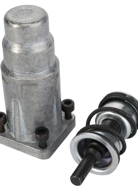 Introducing the AGCO CONTROL VALVE - AL550001, a metal hydraulic clutch slave cylinder assembly. It features a robust main body equipped with mounting bolts and a separate piston rod complete with seals. Please note: Additional product description information is not currently available beyond these details.