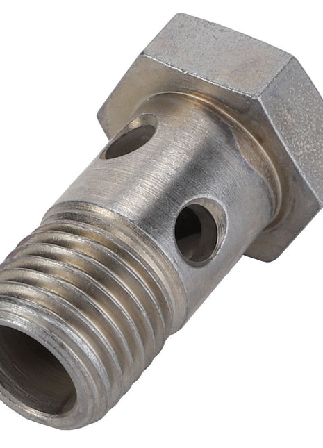 The AGCO | Banjo Bolt - Acp0584980 by AGCO is a metal threaded bolt with a hexagonal head, featuring two evenly spaced holes drilled through its cylindrical body for enhanced functionality.