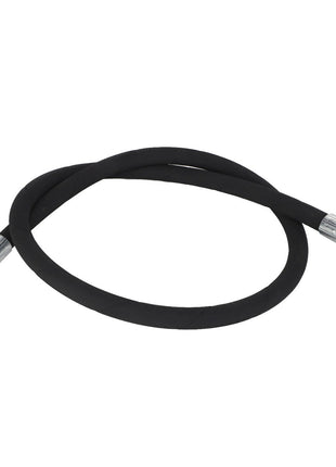 The AGCO HYDRAULIC HOSE - AL9031723, a coiled black rubber hose featuring metal connectors on both ends, is ready for any task.