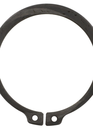 The AGCO LOCK WASHER - F743300020640 is a circular, dark metal retaining ring featuring two small holes near the gap at the bottom. Currently, no additional product description information is available.