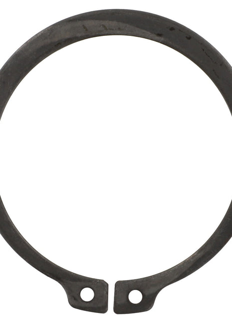 The AGCO LOCK WASHER - F743300020640 is a circular, dark metal retaining ring featuring two small holes near the gap at the bottom. Currently, no additional product description information is available.