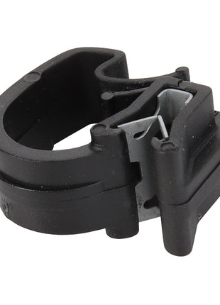 The AGCO | CABLE HOLDER - F931812140450 is a black plastic cable clamp with a metal insert, designed for securing and organizing cables.