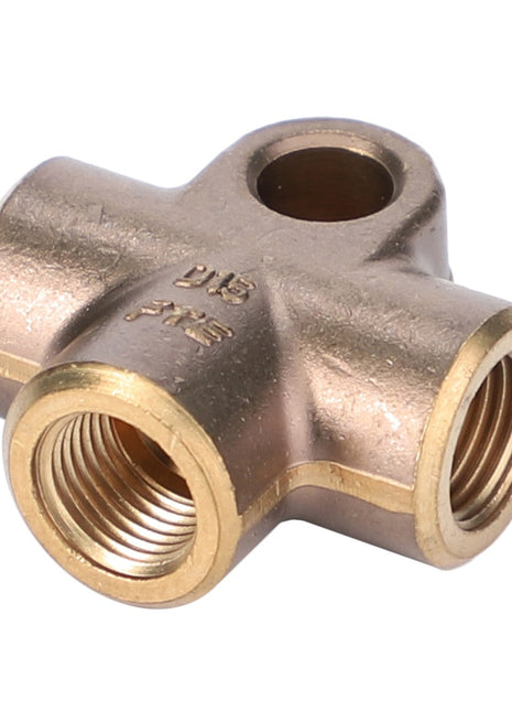The AGCO TEE FITTING - V30458200 by AGCO is a brass 4-way pipe fitting with a central hole and threads on each end, providing versatile connection options for various plumbing configurations.