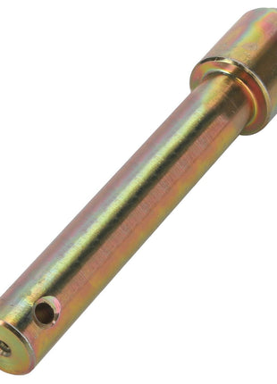 A metallic cylindrical pin with two holes, one near the tip and the other just above it, featuring a smooth, reflective surface. Product Name: AGCO | SHAFT - D28283200. Brand Name: AGCO. No current product description available.