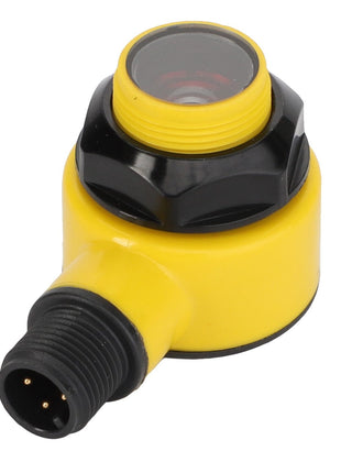 Introducing the AGCO | Tailing Return Sensor Emitter - Acx2438490 from AGCO: A yellow cylindrical electronic sensor equipped with a round lens on top and a black connector at the bottom featuring three pins. Currently, there is no detailed product description available.