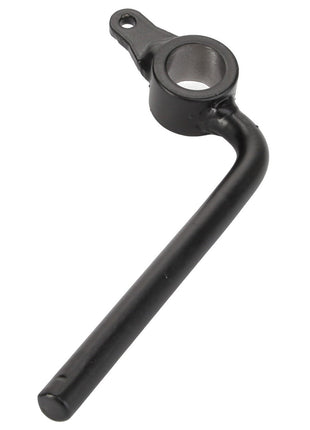 The AGCO | Lever - Acp0337350 is a meticulously designed black metal lever arm featuring a circular bracket at one end and a small hole at the top of the bracket, crafted for precision.
