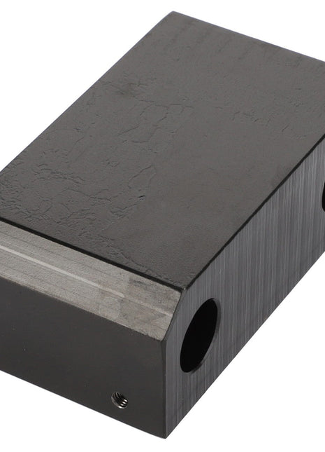 The AGCO Adjusting Shim - 4280248M1, by AGCO, is a rectangular black metal block featuring two circular holes on its side and two smaller threaded holes on its end surface. This versatile design offers adaptable functionality, although no detailed product description is available.