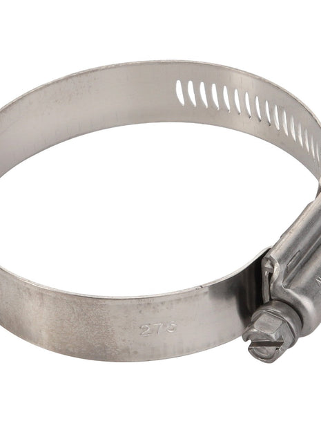 The AGCO | CLAMP - AG125817 by AGCO features a metal hose clamp with an adjustable screw mechanism and a perforated strap. No current product description information is available.
