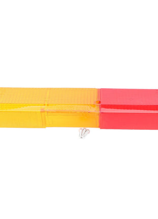Rectangular red and amber AGCO Lens, Rear, Left Side - 0.009.4483.1 for a vehicle light, fitted with a small set of screws placed beneath it to ensure maximum housing protection and durability.