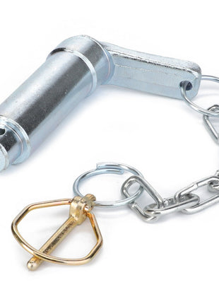 The AGCO PIN AND CHAIN - F835500165040 features a cylindrical, silver metal locking pin with an attached chain and a golden key ring.