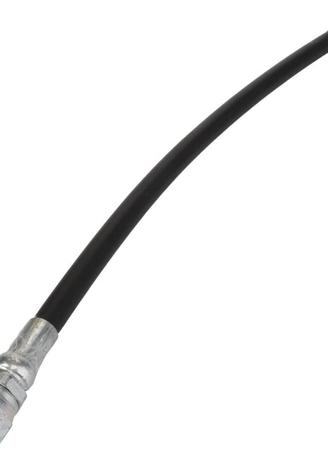 The AGCO Hydraulic Hose - Acp0100790 is a black flexible hose with metallic connectors on both ends, ideal for fluid transfer or seamlessly integrating into mechanical systems.