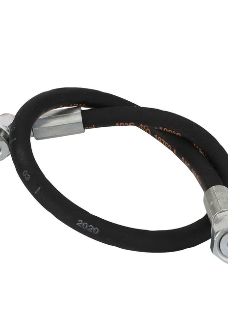 The AGCO | Hydraulic Hose - 6316658M91 is a black rubber hydraulic hose featuring metal fittings on each end and is coiled in a circular shape. No current product description available for this product.