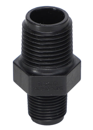 A black, threaded AGCO polypropylene pipe fitting with "AGCO" and "POLYPROPYLENE" embossed on its side. For more details or assistance, please reach out to our support team.