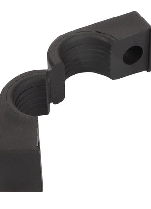 The AGCO | Clamp - Acp0666800, a black, U-shaped pipe clamp from AGCO, features a rounded inner surface and a hole on one end. Although there is no current product description available, it efficiently secures pipes in place with its robust design.