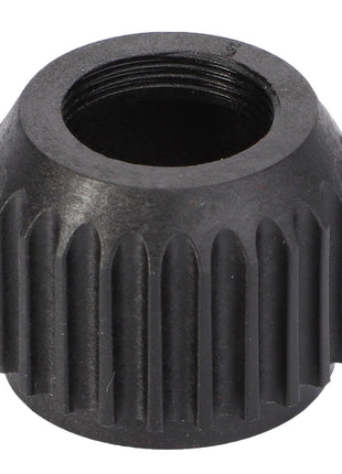 Close-up of the AGCO Connecting Nut - F916961020020, a black plastic threaded cap with vertical ridges running from the base to the top, featuring precise craftsmanship and a durable design.