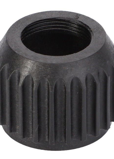 Close-up of the AGCO Connecting Nut - F916961020020, a black plastic threaded cap with vertical ridges running from the base to the top, featuring precise craftsmanship and a durable design.