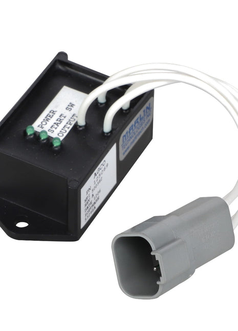 Introducing the AGCO | MODULE - AG125069: a sleek black rectangular electronic component featuring a gray connector and three neatly attached white wires. Clearly marked labels indicate power, ground, and output connections.