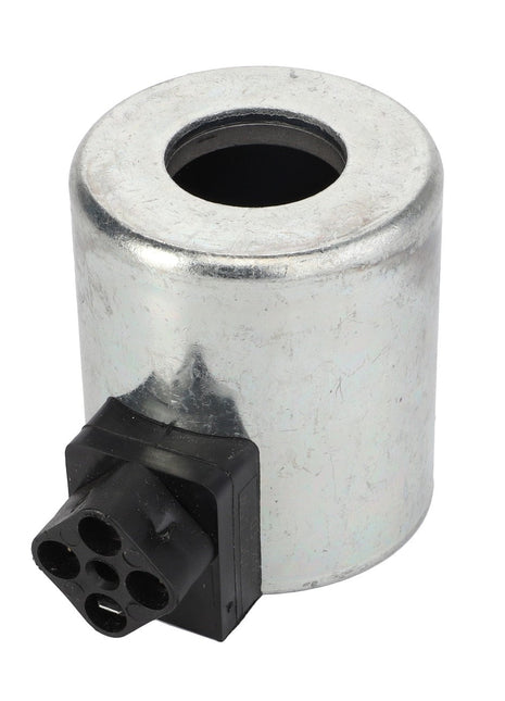 The AGCO | SOLENOID - AL516098, a cylindrical metal component featuring a central hole and a four-pin electrical connector at its base, is ideal for solenoid applications due to its robust design.