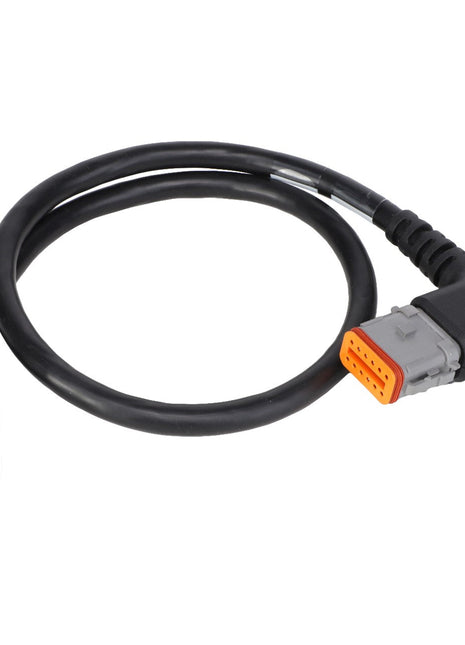 The AGCO | WIRE HARNESS - ACZ000034C is a black cable featuring a circular connector on one end and a rectangular connector on the other, commonly used for transmitting data or power between electronic devices.