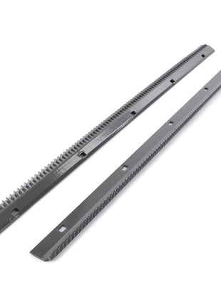 On a white background, two AGCO Pair Of Bars - La311206901 by AGCO are shown side by side, featuring evenly spaced teeth and rectangular holes.