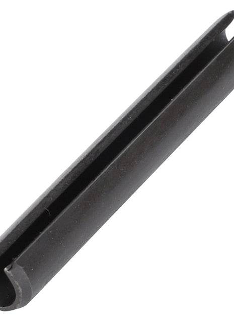 A close-up view of the AGCO Roll Pin - La14610970, a cylindrical black metal pin featuring a slit running along its length.