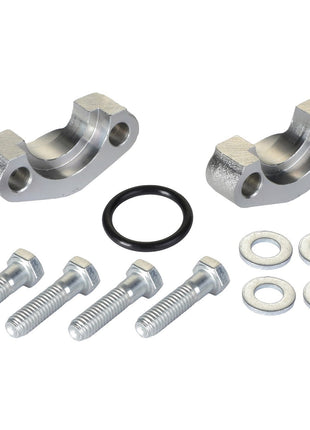 AGCO's FLANGE KIT AG519622 features two sturdy metal brackets, an O-ring, four durable bolts, and four sturdy washers meticulously arranged on a pristine white background.
