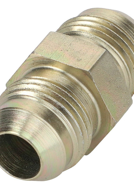 The AGCO ADAPTER - AG561780 is a cylindrical metallic pipe fitting featuring threaded ends and a central hexagonal section for tightening.