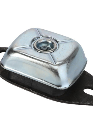 Introducing the AGCO | BEARING - ACP0533660 from the renowned brand AGCO. This metal mounting bracket features a square, dome-shaped top with a central threaded hole and two oval holes on the base for secure attachment.