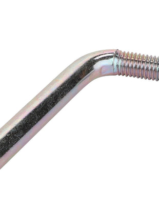 The AGCO | SCREW - V30354800, a metal rod featuring one threaded end and one flat end, is bent at a precise angle near its midpoint.