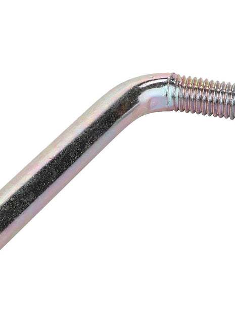 The AGCO | SCREW - V30354800, a metal rod featuring one threaded end and one flat end, is bent at a precise angle near its midpoint.