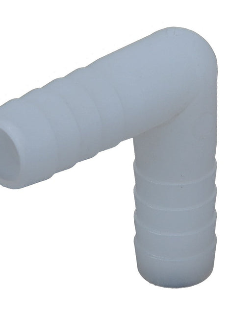 No current product description is available for the AGCO Elbow Fitting - Ag007433, a white plastic hose barb elbow fitting that features ribbed ends and a 90-degree angle.