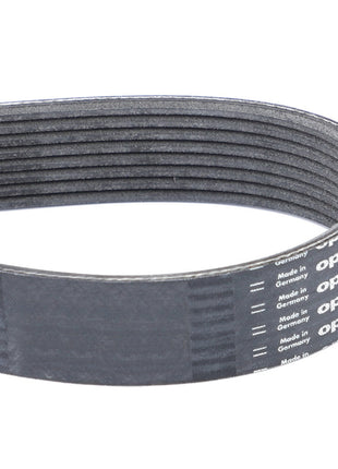 A black, ribbed serpentine belt with "AGCO" branding and "Made in Germany" text printed on its surface. Fits Massey Ferguson models. Product Name: AGCO | Serpentine Belt, Pk8 Profile - V685081730.