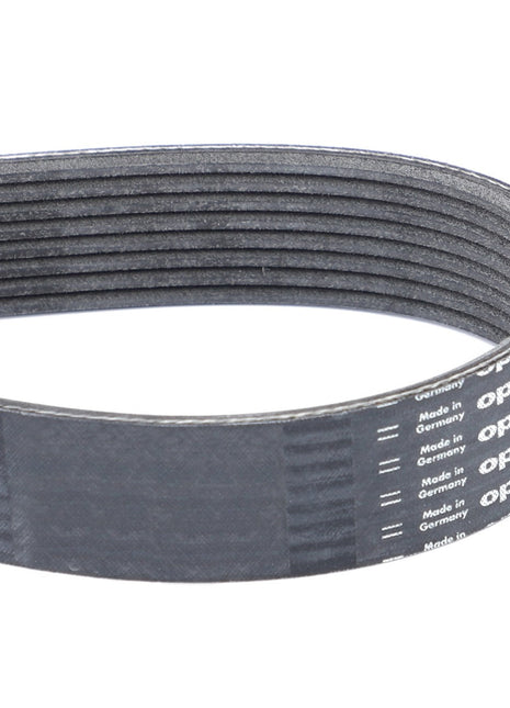 A black, ribbed serpentine belt with "AGCO" branding and "Made in Germany" text printed on its surface. Fits Massey Ferguson models. Product Name: AGCO | Serpentine Belt, Pk8 Profile - V685081730.