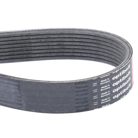 A black, ribbed serpentine belt with "AGCO" branding and "Made in Germany" text printed on its surface. Fits Massey Ferguson models. Product Name: AGCO | Serpentine Belt, Pk8 Profile - V685081730.