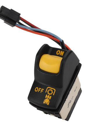 Close-up of the AGCO Pto Rocker Switch - Acw202513B, featuring a black and yellow toggle switch with "ON" and "OFF" labels and wiring connectors attached.