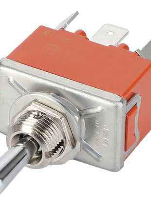 The AGCO | Button - La321932700, a metal toggle switch characterized by its orange body and multiple metal prongs for connections, has "Made in Japan" etched on its surface. There is currently no additional product description information available.