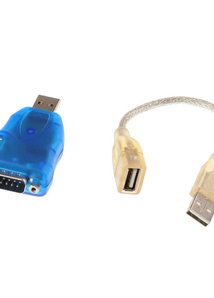 An AGCO blue USB-to-serial adapter (AG331709) and a short, transparent USB extension cable with a male USB connector on one end and a female USB port on the other. No current product description information available.