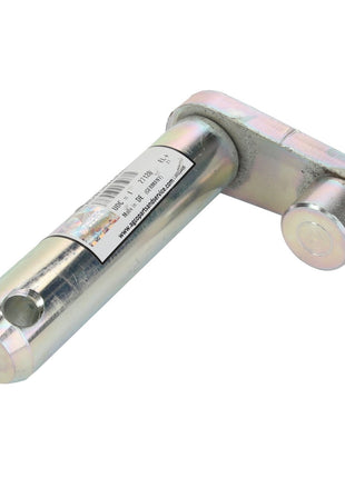 A metal hinge pin with a cylindrical base and perforations, featuring a product label with barcodes. No current product description information is available for the AGCO Clevis Pin - Acw143235A.