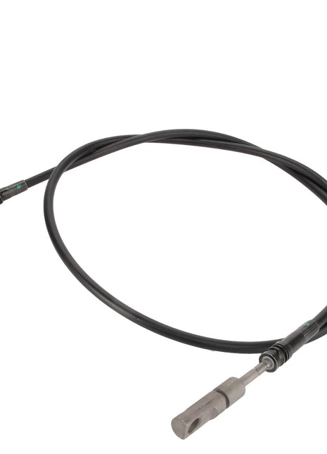 AGCO | CABLE - AL729822: A black, coiled cable featuring a metal fitting at one end and a threaded connector at the other. No current product description information is available for this item.