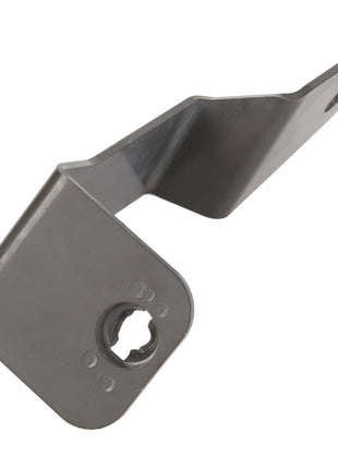 Introducing the AGCO Bracket - Acw1858380: a sleek, metallic bracket with a bent design, featuring a circular hole at one end and two small holes near the opposite end.