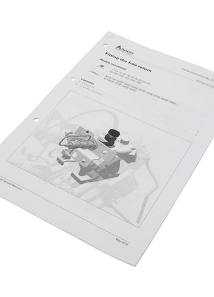 Instruction sheet named "Act001376A" by AGCO, featuring an illustration of machinery. Published in English by Axel in May 2018, it includes three punched holes for easy binder storage. There is no current product description available.