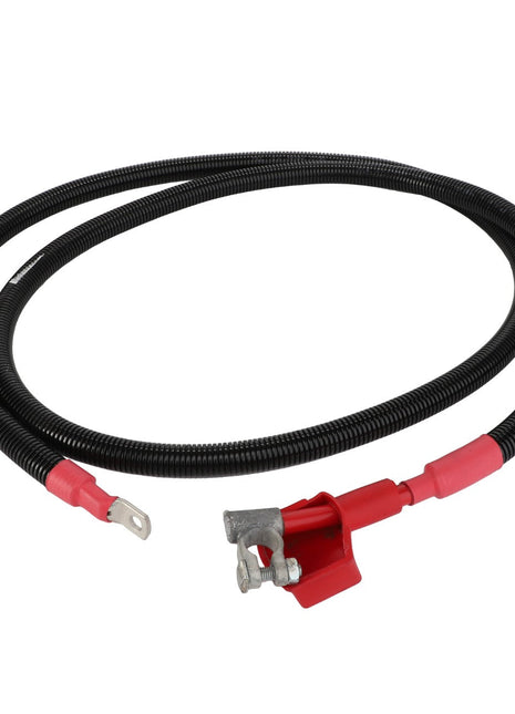 No current product description is available, but here is one for the AGCO Battery Cable - Acp0491550: a long, black insulated cable with red connectors on both ends, including a metal clamp and a ring terminal.