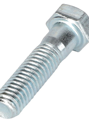 A close-up image of the AGCO | HEXAGONAL HEAD BOLT - AG550779 showcases its threading along the shaft. The bolt exhibits a shiny, metallic surface with a discernible hexagonal head, reminiscent of the fine craftsmanship seen in Fendt models.