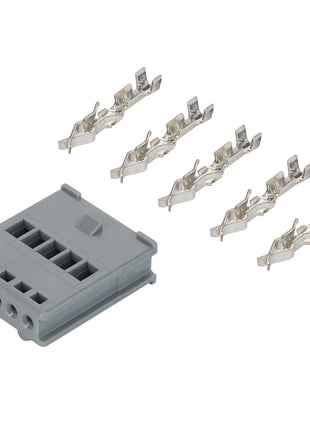 The AGCO | Disconnection Point - F339900950070 is a sleek gray plastic connector housing that features six neatly aligned slots and five durable metal connector terminals, all set against a clean white background.