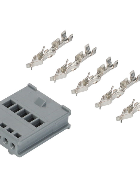 The AGCO | Disconnection Point - F339900950070 is a sleek gray plastic connector housing that features six neatly aligned slots and five durable metal connector terminals, all set against a clean white background.