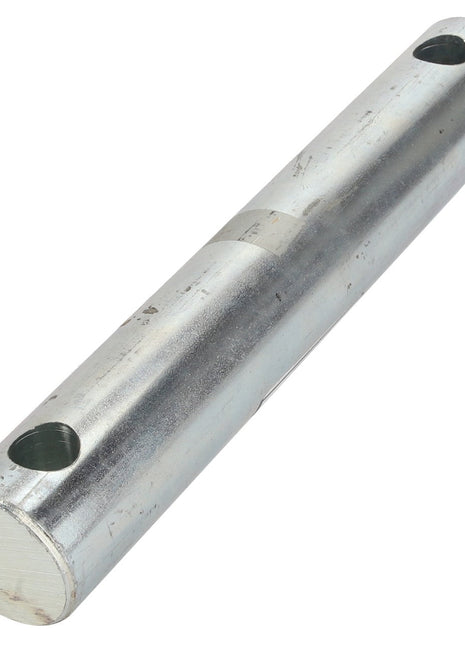 The AGCO Shaft - Acp0058860 is a cylindrical metal rod featuring two holes drilled through its length at both ends and boasts a polished finish.